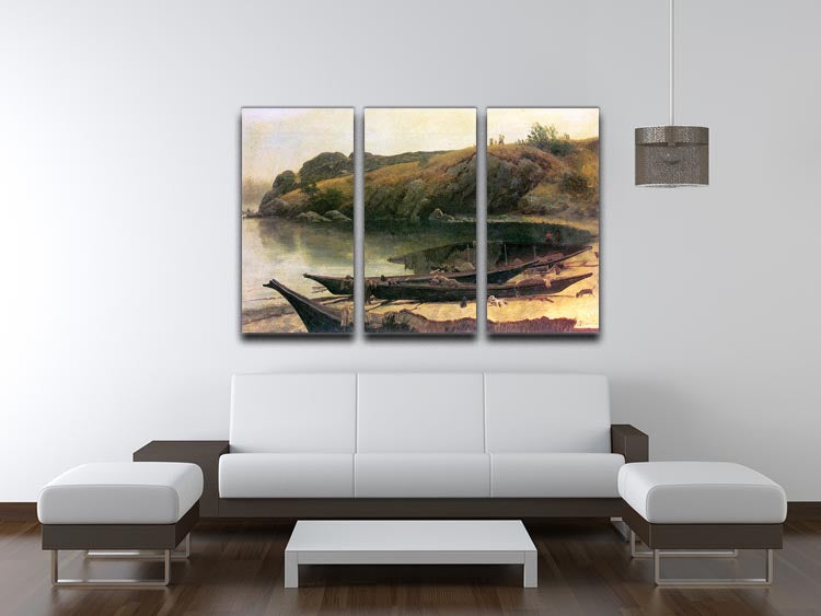 Canoes by Bierstadt 3 Split Panel Canvas Print showcasing serene water scenes in three panels.