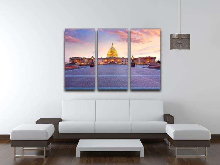 A stunning 3-panel canvas print featuring a sunset over the Capitol building, showcasing vibrant colors and intricate details.