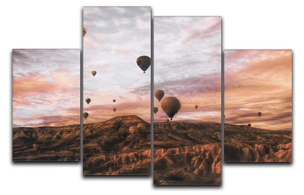 A vibrant 4-split canvas artwork featuring Cappodocia hot air balloons against a scenic landscape, showcasing colorful balloons in a stunning arrangement.