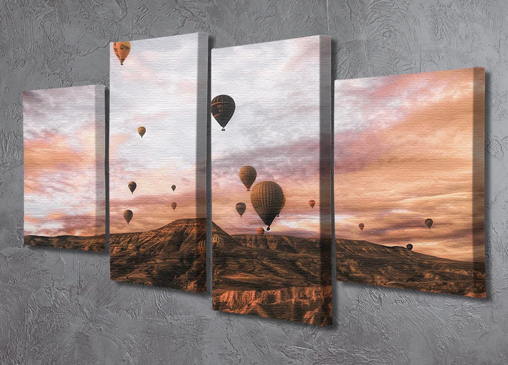 A vibrant 4-split canvas artwork featuring Cappodocia hot air balloons against a scenic landscape, showcasing colorful balloons in a stunning arrangement.