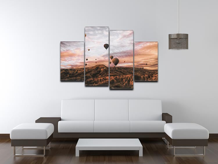 A vibrant 4-split canvas artwork featuring Cappodocia hot air balloons against a scenic landscape, showcasing colorful balloons in a stunning arrangement.