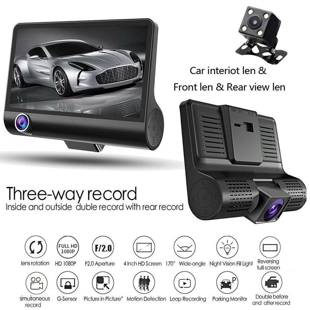 Car DVR with three camera lenses and a 4.0-inch display, designed for enhanced vehicle safety and recording.