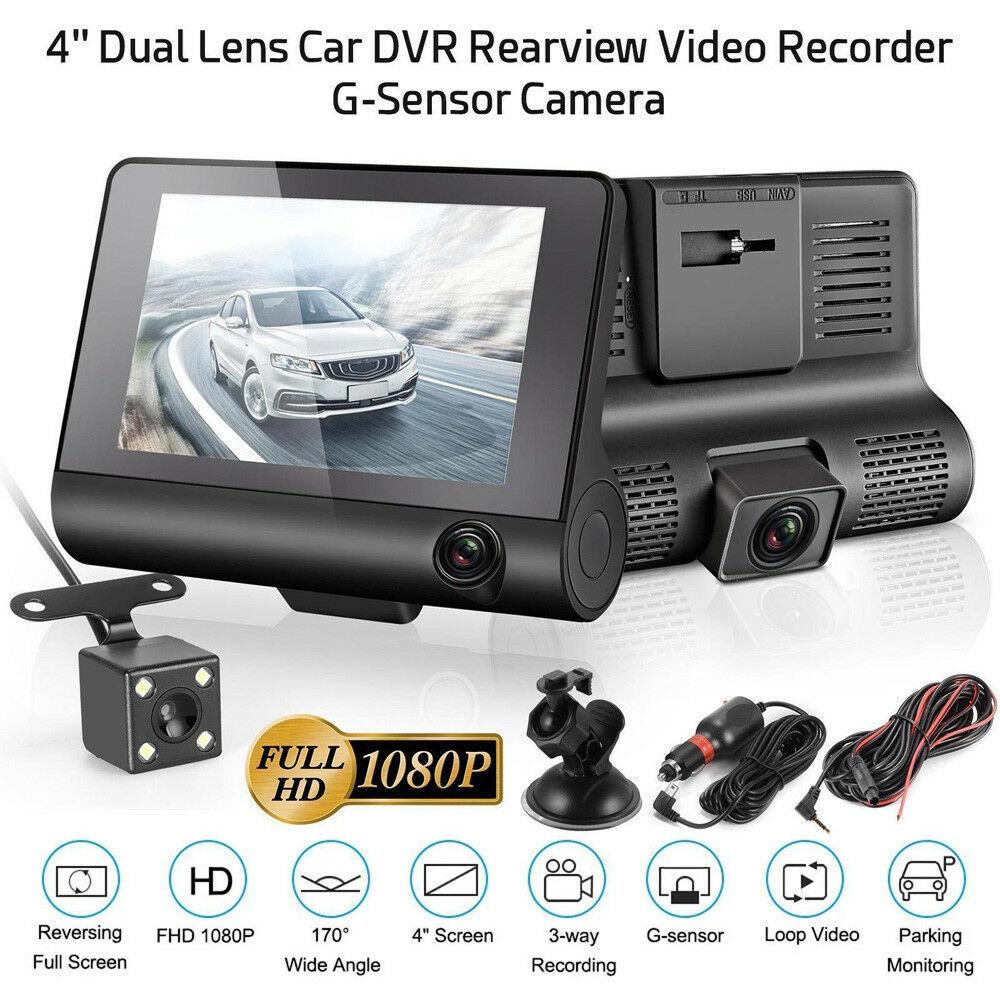 Car DVR with three camera lenses and a 4.0-inch display, designed for enhanced vehicle safety and recording.