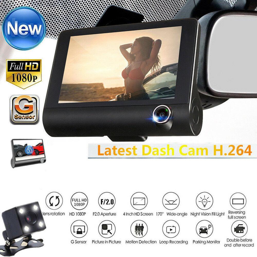 Car DVR with three camera lenses and a 4.0-inch display, designed for enhanced vehicle safety and recording.