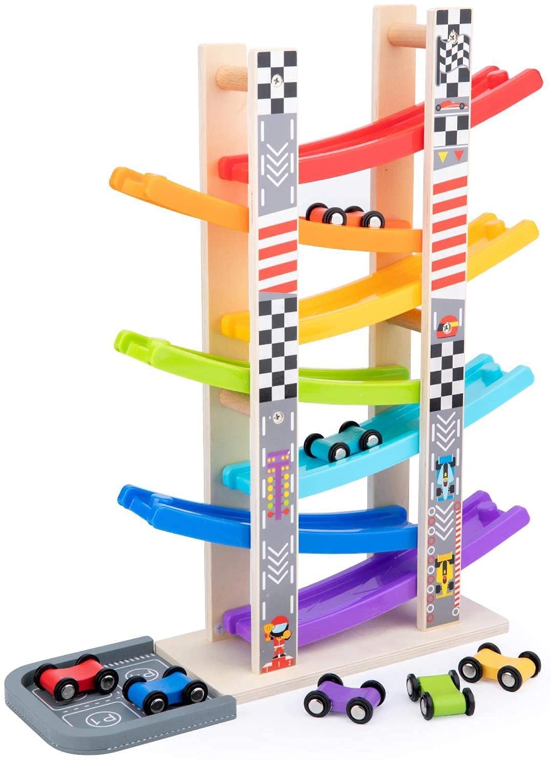 Colorful Car Ramp Racer Toy for toddlers featuring 6 wooden cars and rainbow race tracks.