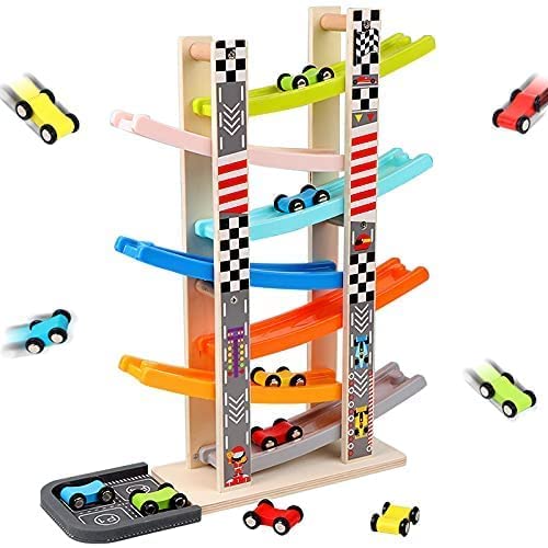 Colorful Car Ramp Racer Toy for toddlers featuring 6 wooden cars and rainbow race tracks.