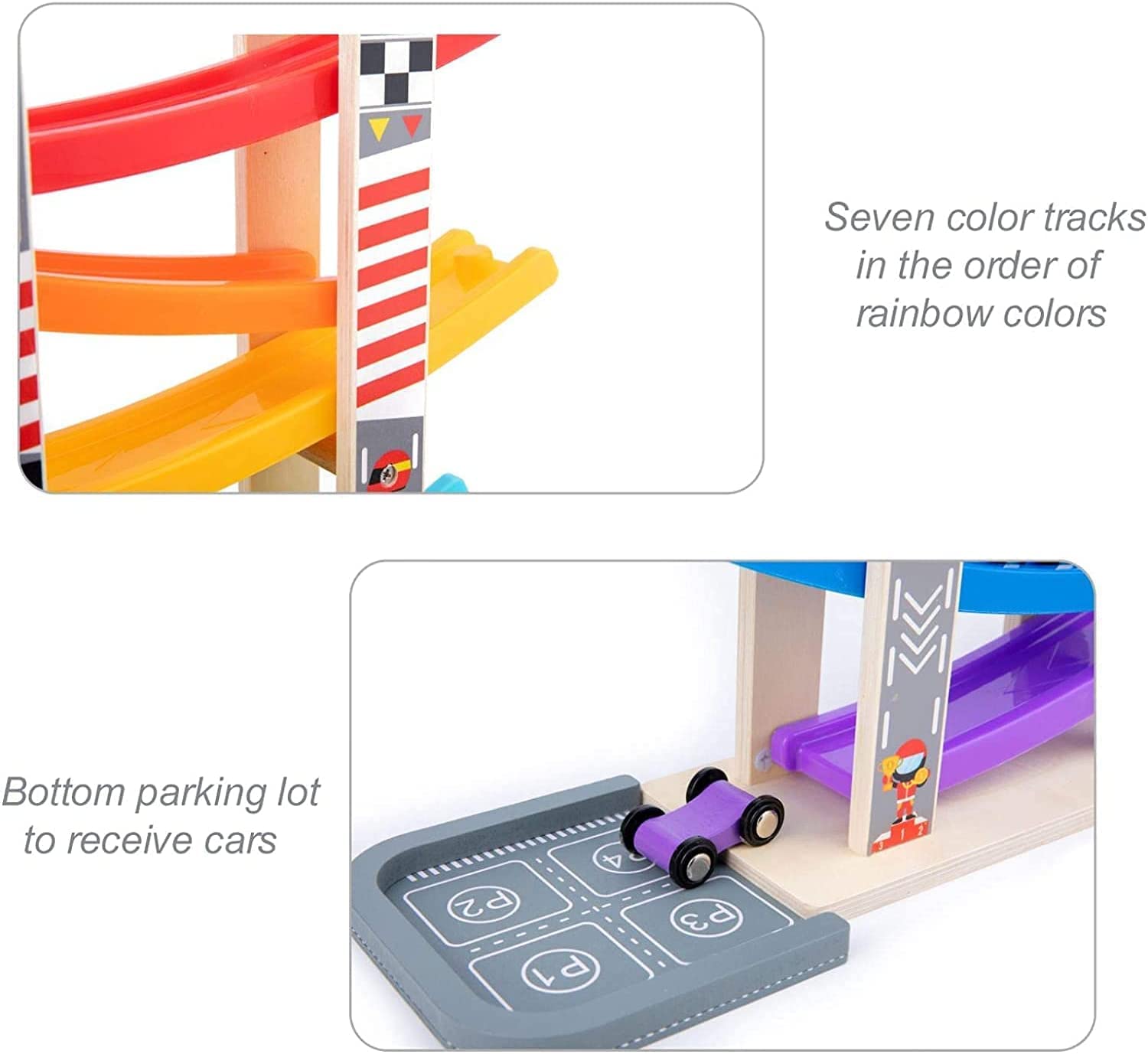 Colorful Car Ramp Racer Toy for toddlers featuring 6 wooden cars and rainbow race tracks.