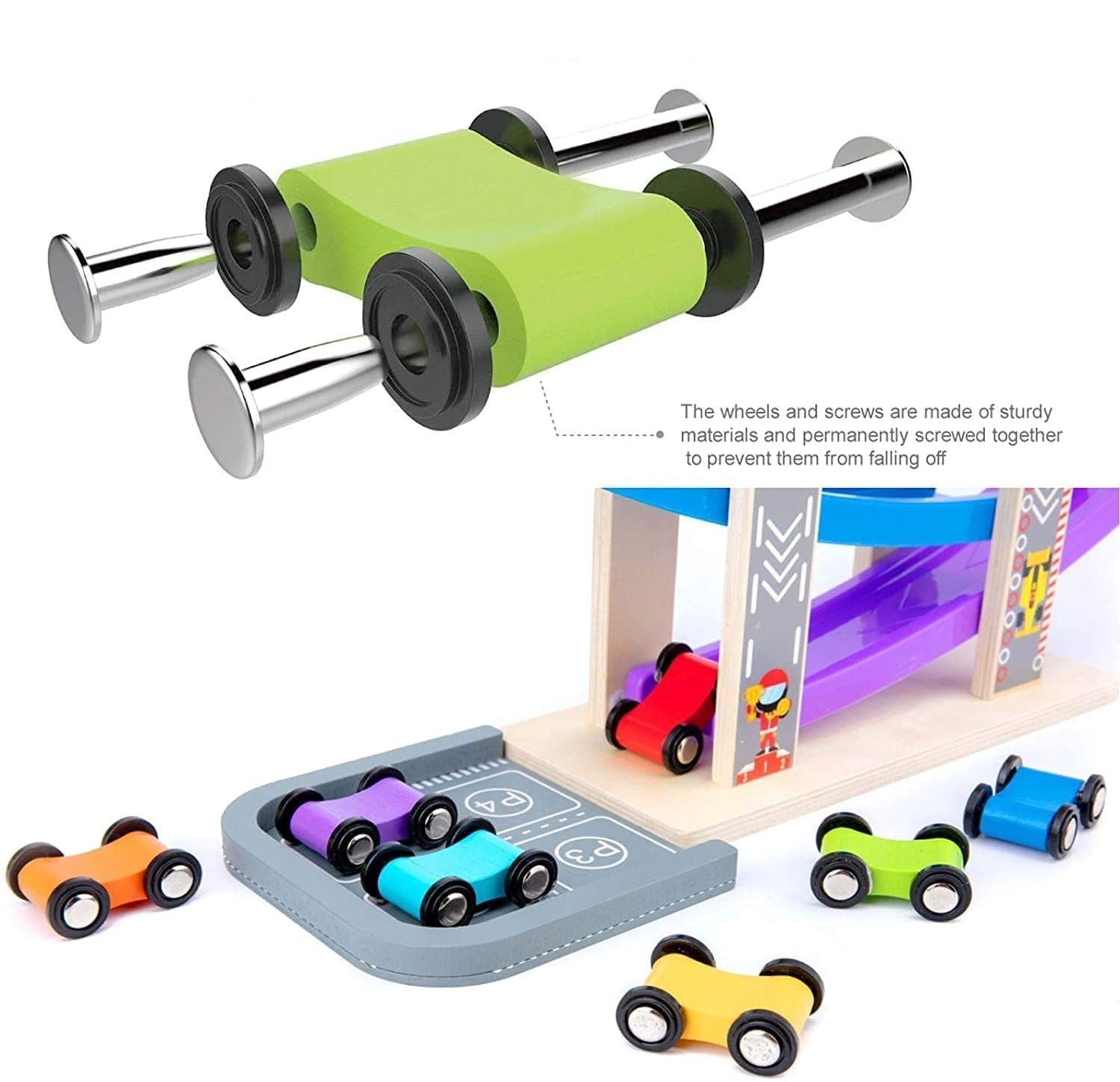 Colorful Car Ramp Racer Toy for toddlers featuring 6 wooden cars and rainbow race tracks.