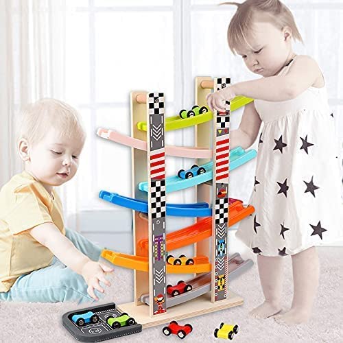 Colorful Car Ramp Racer Toy for toddlers featuring 6 wooden cars and rainbow race tracks.