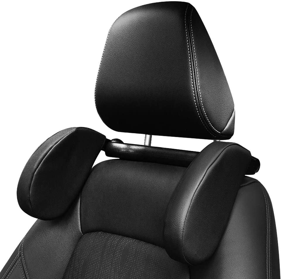 Car Travel Headrest featuring 180° adjustability, made of washable PU leather with memory foam for neck support.
