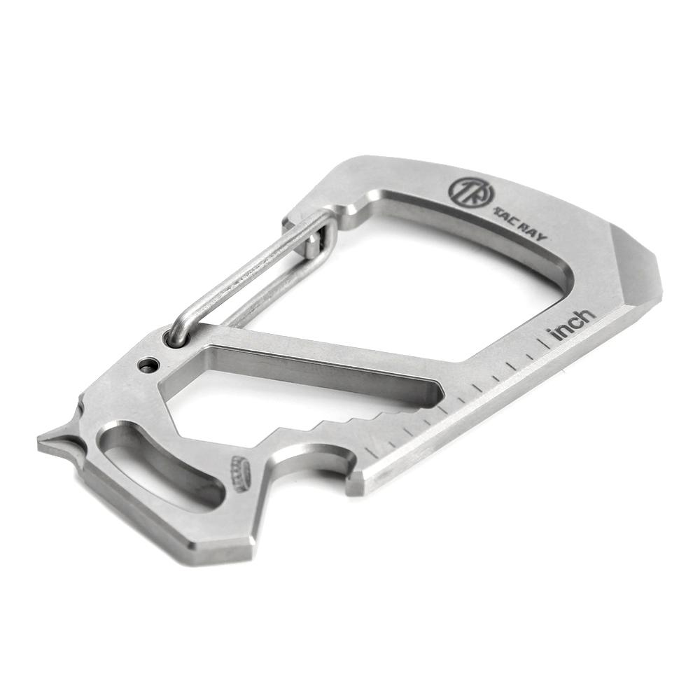 Carabiner Keychain 100% Titanium Multitool showcasing its sleek design and multiple tools including wrenches and screwdrivers.