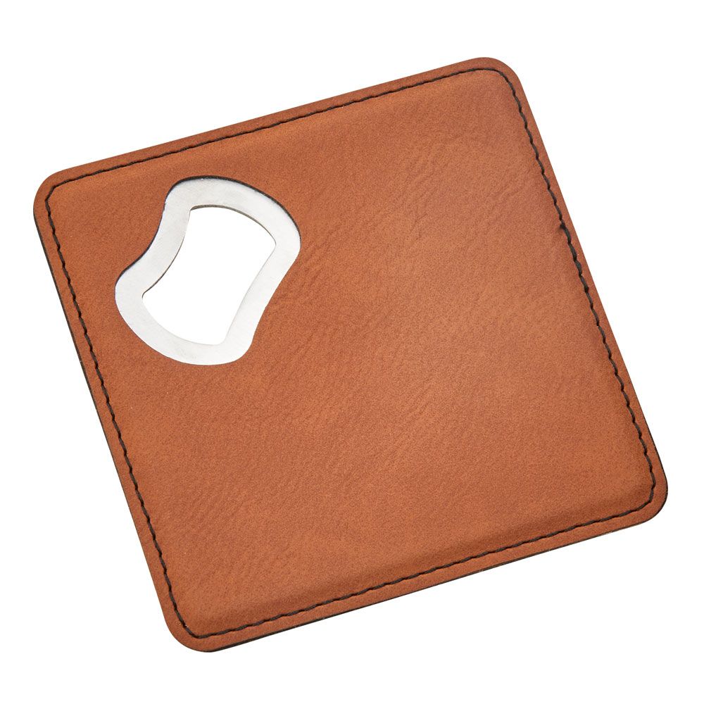 Caramel leatherette coaster with built-in bottle opener, elegantly designed and gift boxed.