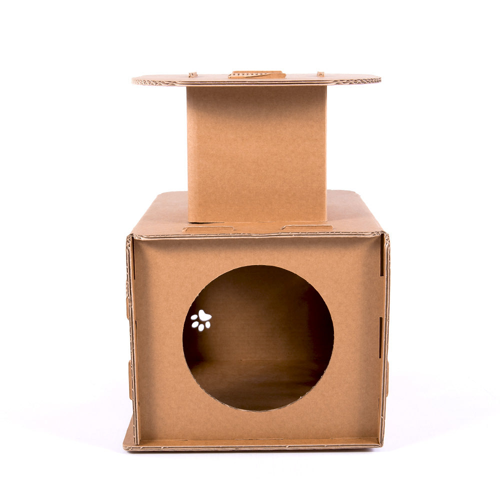 Cardboard Cat House TOM in beige color, featuring a reversible design for cats to play and explore, made from eco-friendly kraft corrugated cardboard.