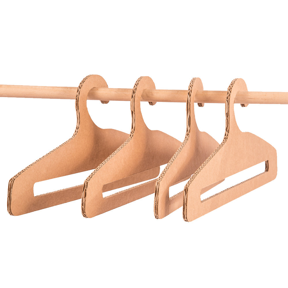 Set of 5 eco-friendly cardboard hangers for wardrobe organization, showcasing their lightweight and sturdy design.