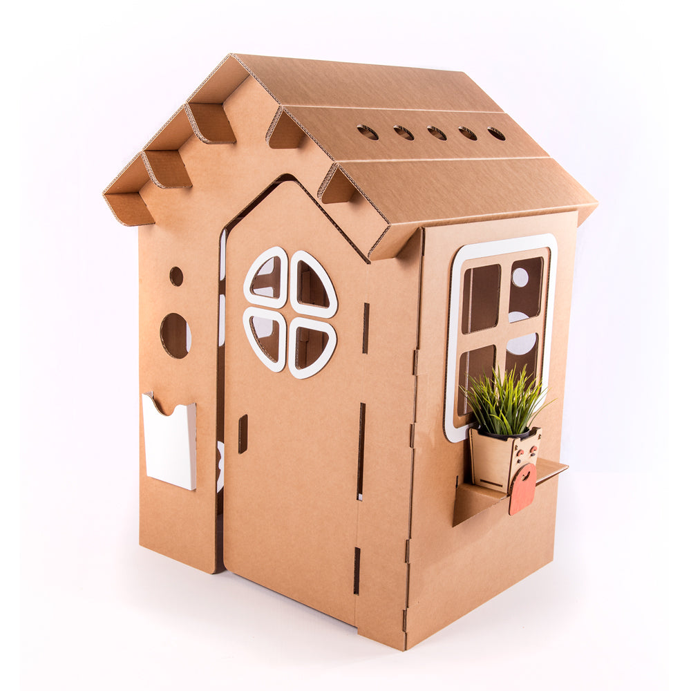 A colorful cardboard playhouse named WONDERLAND, featuring doors, windows, and a mouse door, designed for children's imaginative play.