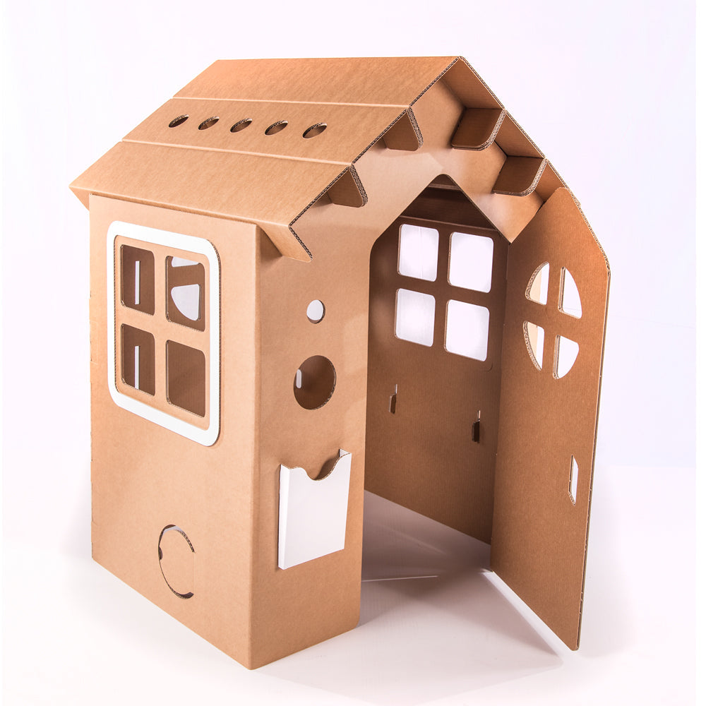 A colorful cardboard playhouse named WONDERLAND, featuring doors, windows, and a mouse door, designed for children's imaginative play.