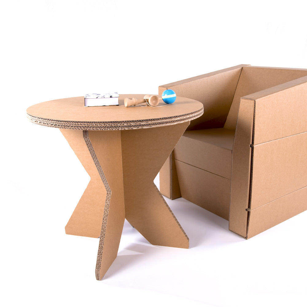 Cardboard Round Table DONNA - Natur, lightweight and demountable, made from kraft corrugated cardboard in natural beige color.