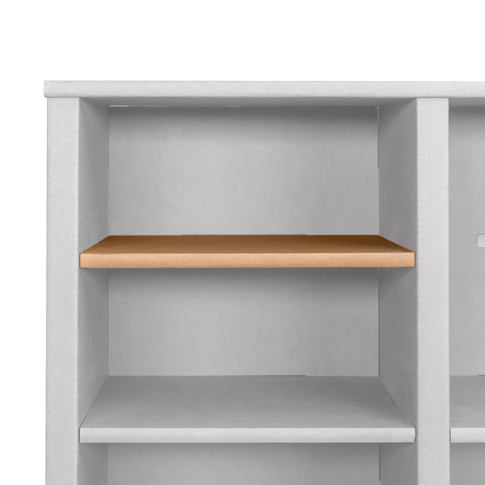 Cardboard supplementary shelves designed for NEW WORLD bookcases, featuring clips for fastening and customizable dimensions.