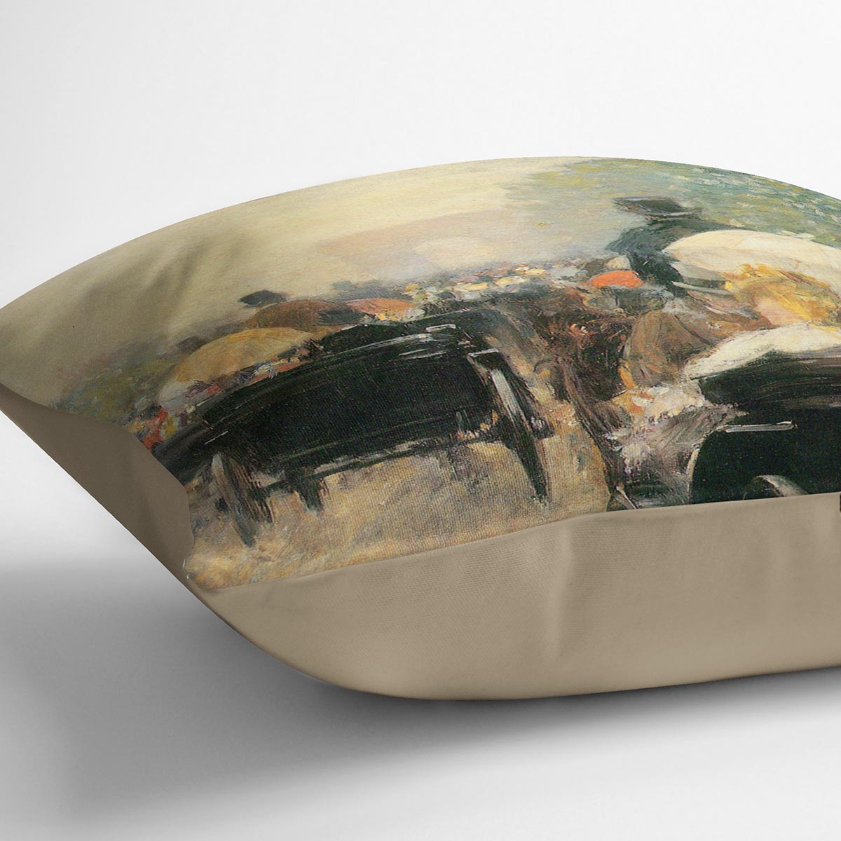 Carriage Parade by Hassam Cushion featuring vibrant abstract designs on luxurious vegan faux suede, perfect for home decor.