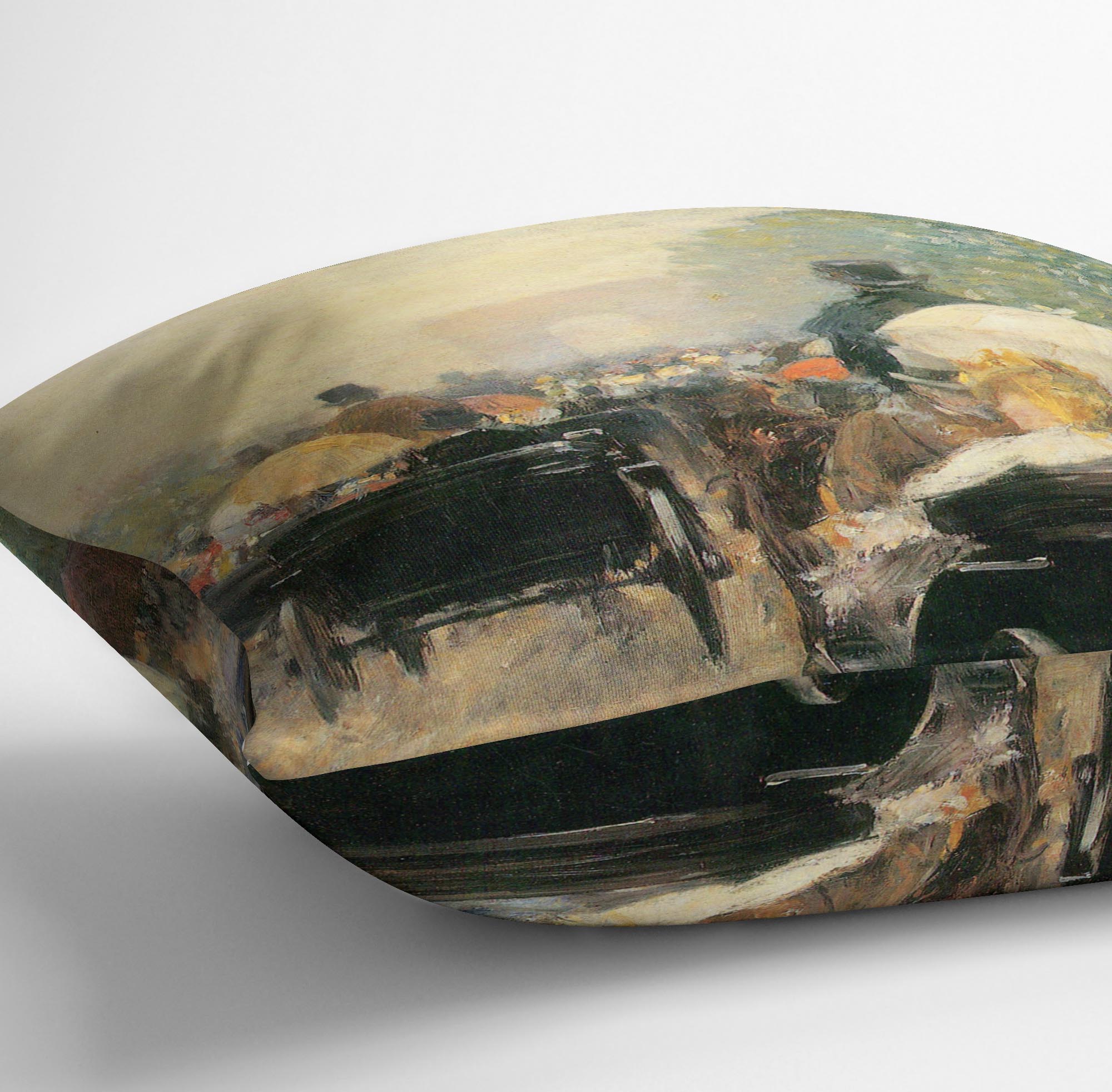 Carriage Parade by Hassam Cushion featuring vibrant abstract designs on luxurious vegan faux suede, perfect for home decor.