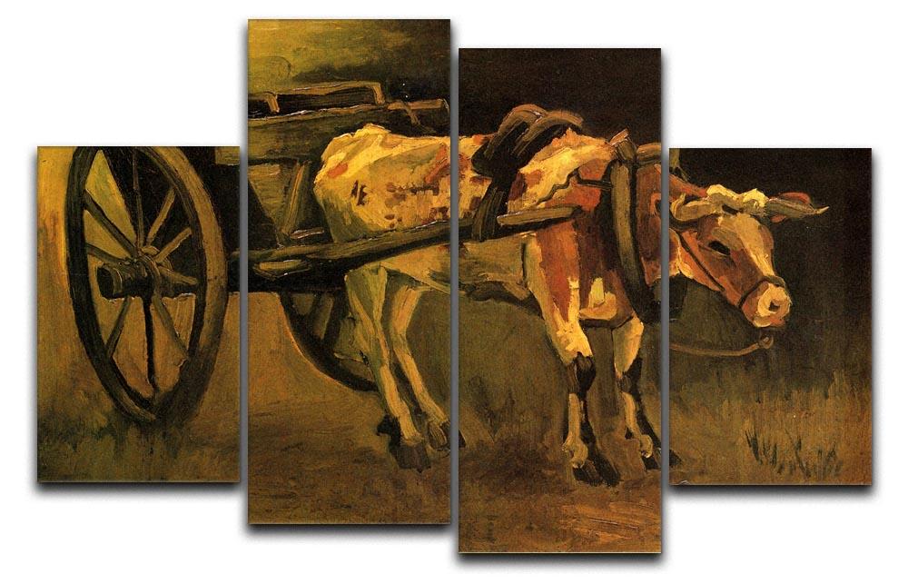 4 split panel canvas featuring Van Gogh's Cart with Red and White Ox, showcasing vibrant colors and intricate details.