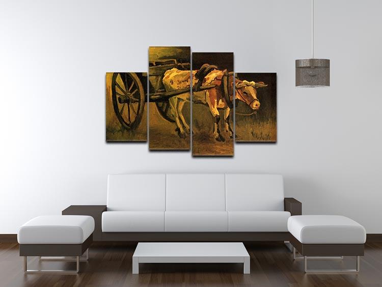 4 split panel canvas featuring Van Gogh's Cart with Red and White Ox, showcasing vibrant colors and intricate details.