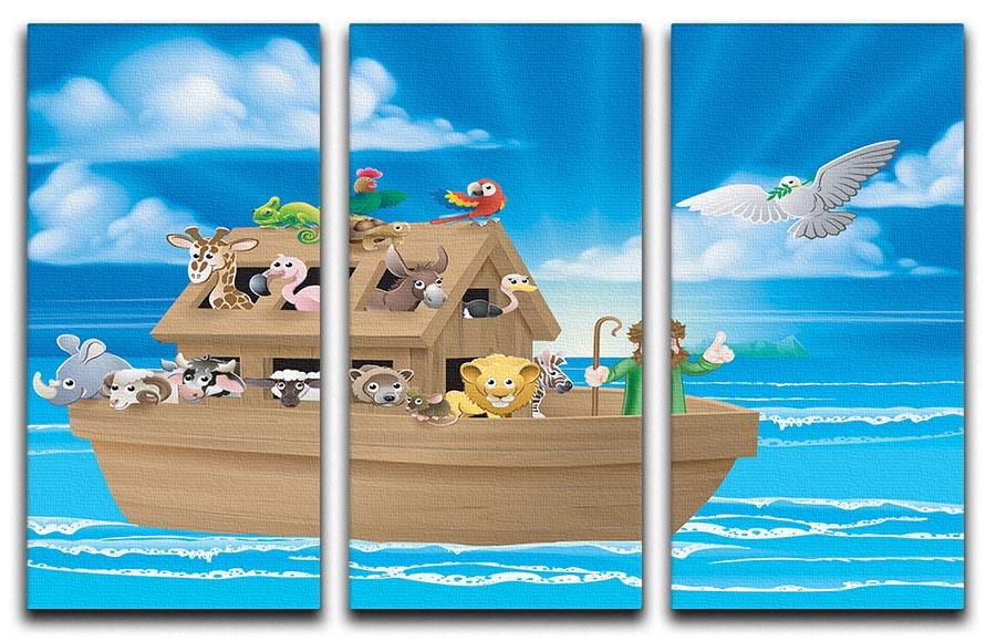 Three-panel canvas art depicting the story of Noah's Ark with vibrant cartoon illustrations for children's rooms.