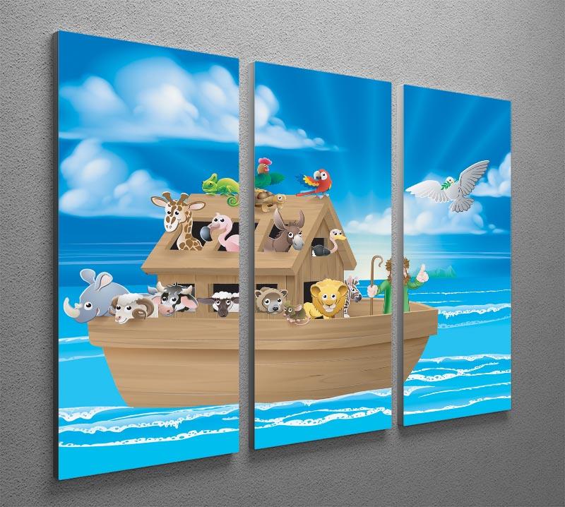Three-panel canvas art depicting the story of Noah's Ark with vibrant cartoon illustrations for children's rooms.