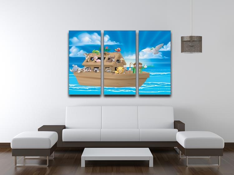 Three-panel canvas art depicting the story of Noah's Ark with vibrant cartoon illustrations for children's rooms.