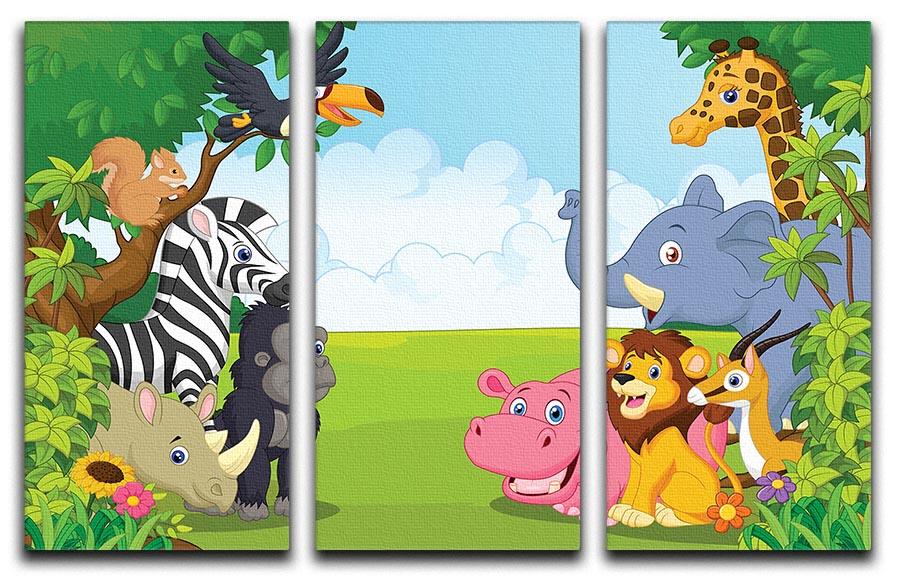 Three-panel canvas print featuring vibrant cartoon animals in a jungle setting, perfect for home decor.