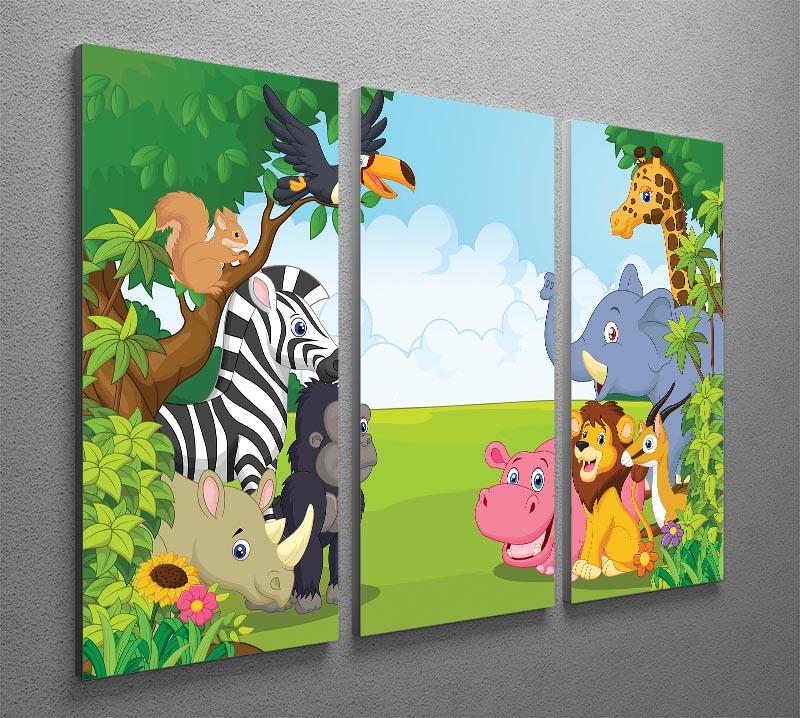 Three-panel canvas print featuring vibrant cartoon animals in a jungle setting, perfect for home decor.