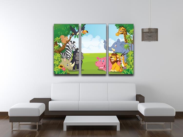 Three-panel canvas print featuring vibrant cartoon animals in a jungle setting, perfect for home decor.