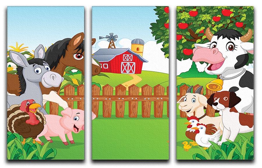 A vibrant 3-panel canvas print featuring cartoon happy animals, perfect for home decor.