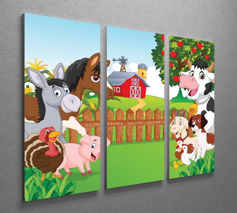A vibrant 3-panel canvas print featuring cartoon happy animals, perfect for home decor.