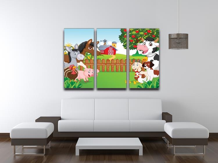 A vibrant 3-panel canvas print featuring cartoon happy animals, perfect for home decor.