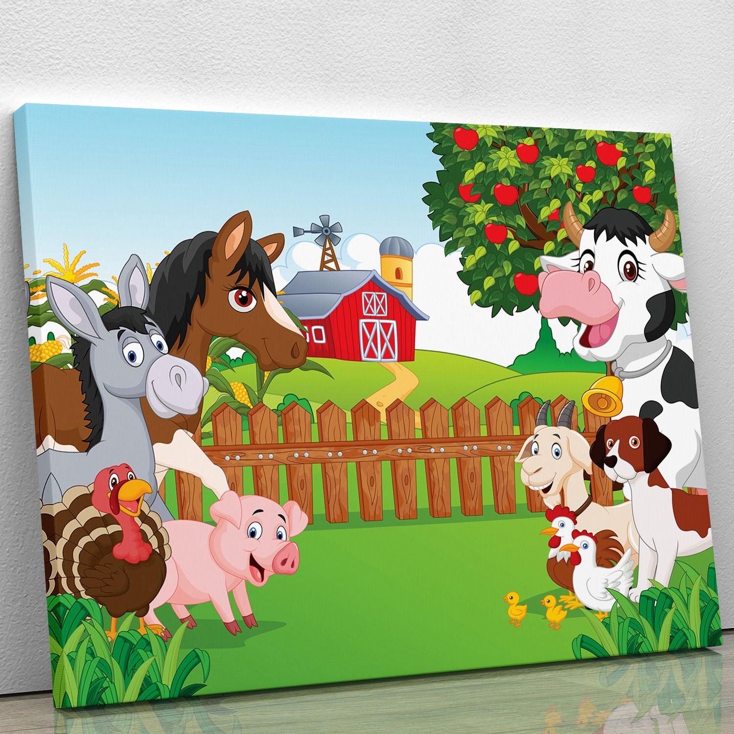 A vibrant canvas print featuring a collection of happy cartoon animals, showcasing playful designs and bright colors.