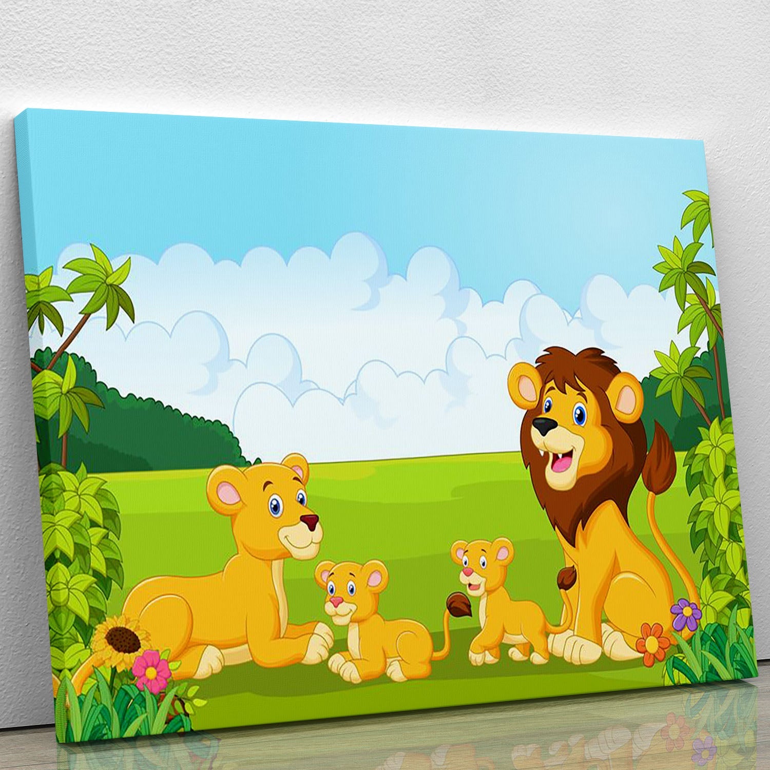 A colorful cartoon illustration of a lion family, featuring a parent lion and two playful cubs, perfect for children's rooms or playful decor.
