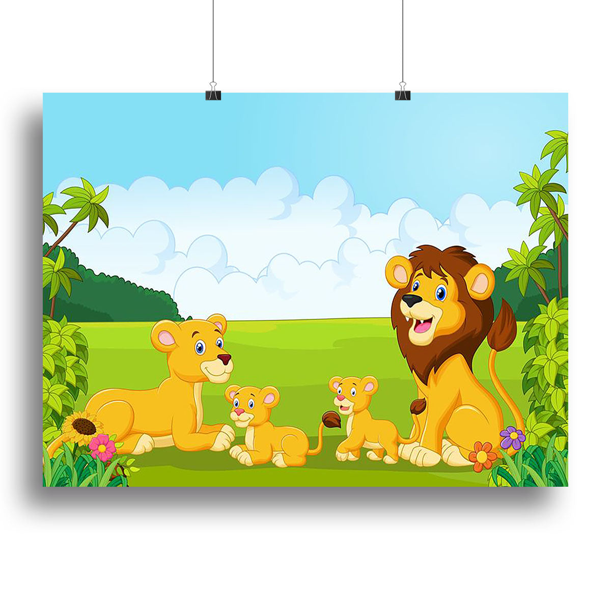 A colorful cartoon illustration of a lion family, featuring a parent lion and two playful cubs, perfect for children's rooms or playful decor.