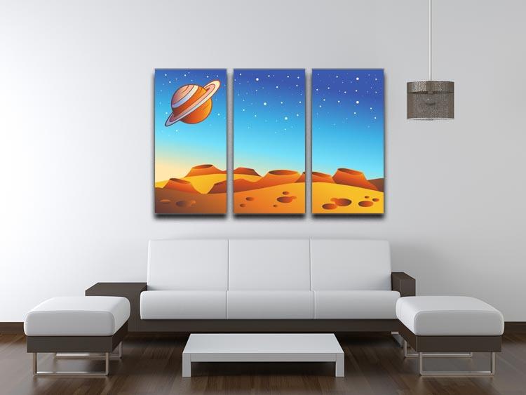 A vibrant 3-panel canvas print featuring a cartoon red planet landscape, showcasing vivid colors and imaginative design.
