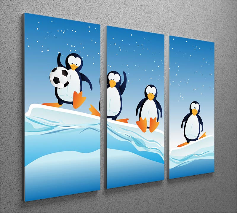 A vibrant 3-panel canvas print featuring cartoon-style penguins, perfect for home decor.