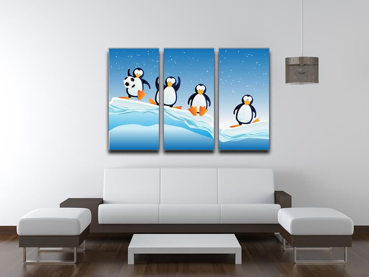 A vibrant 3-panel canvas print featuring cartoon-style penguins, perfect for home decor.