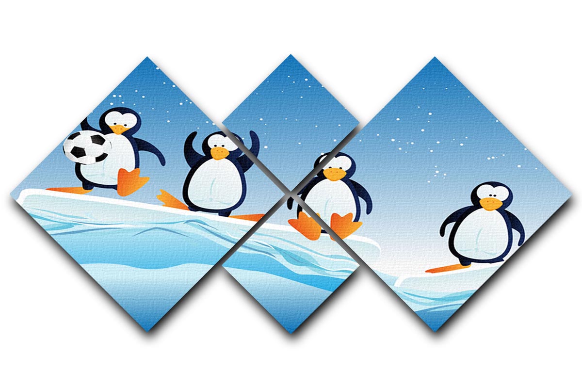 A colorful 4-panel canvas artwork featuring cartoon penguins in playful poses, perfect for children's rooms.