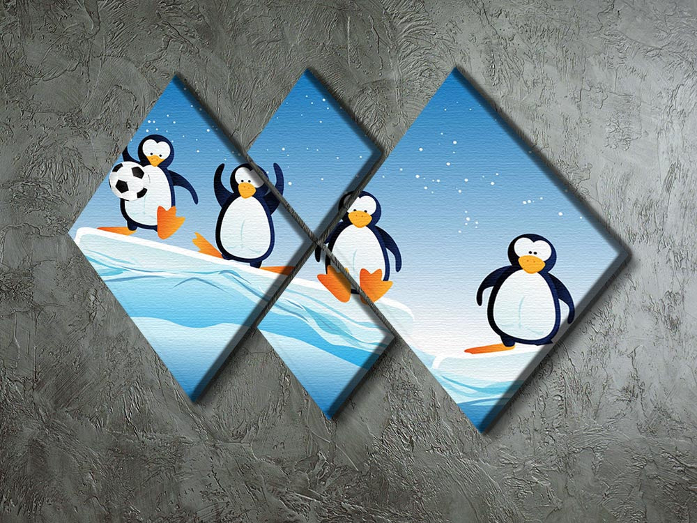 A colorful 4-panel canvas artwork featuring cartoon penguins in playful poses, perfect for children's rooms.
