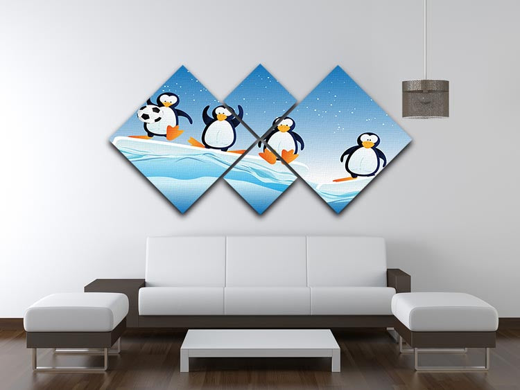 A colorful 4-panel canvas artwork featuring cartoon penguins in playful poses, perfect for children's rooms.
