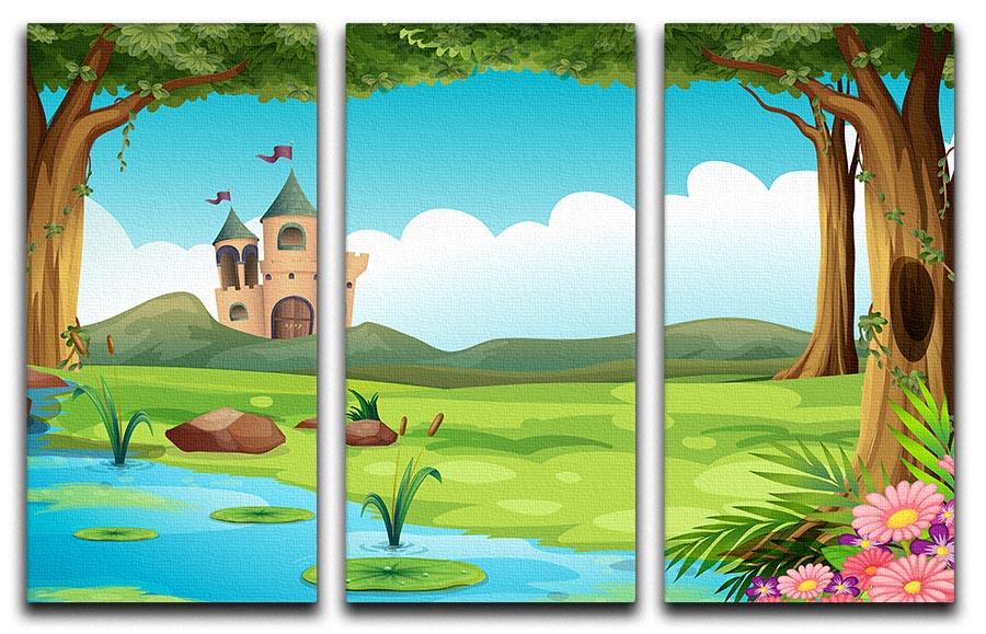 A beautiful 3-panel canvas print featuring a serene castle beside a tranquil pond, perfect for home decor.