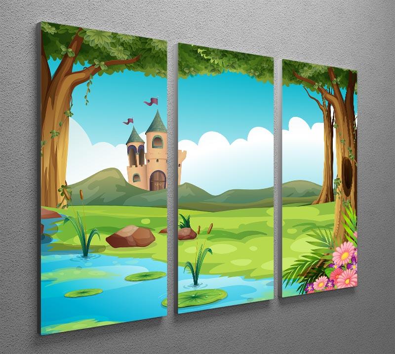 A beautiful 3-panel canvas print featuring a serene castle beside a tranquil pond, perfect for home decor.