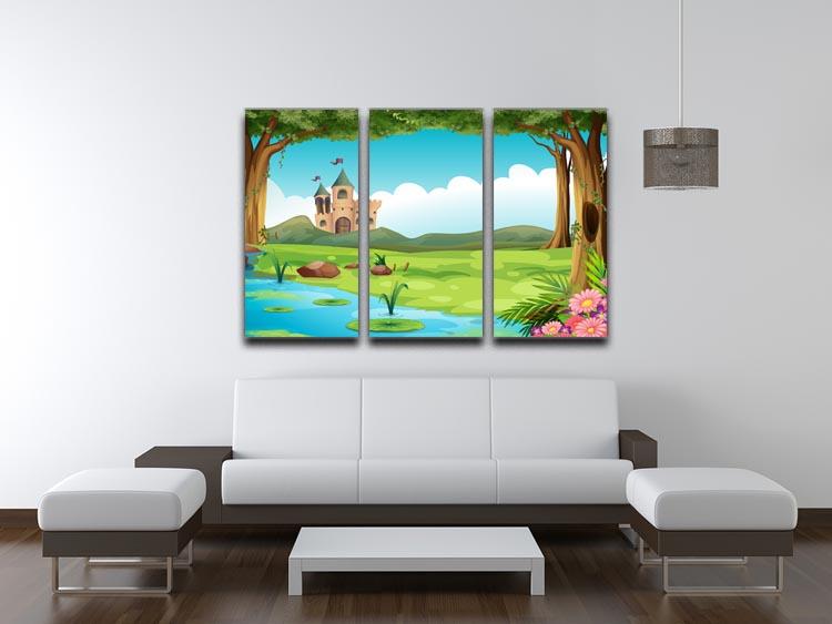 A beautiful 3-panel canvas print featuring a serene castle beside a tranquil pond, perfect for home decor.