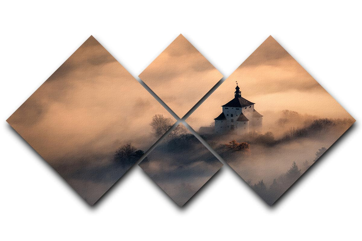 Castle In Fire 4 Square Multi Panel Canvas artwork featuring vibrant colors and a striking design divided into four equal panels.