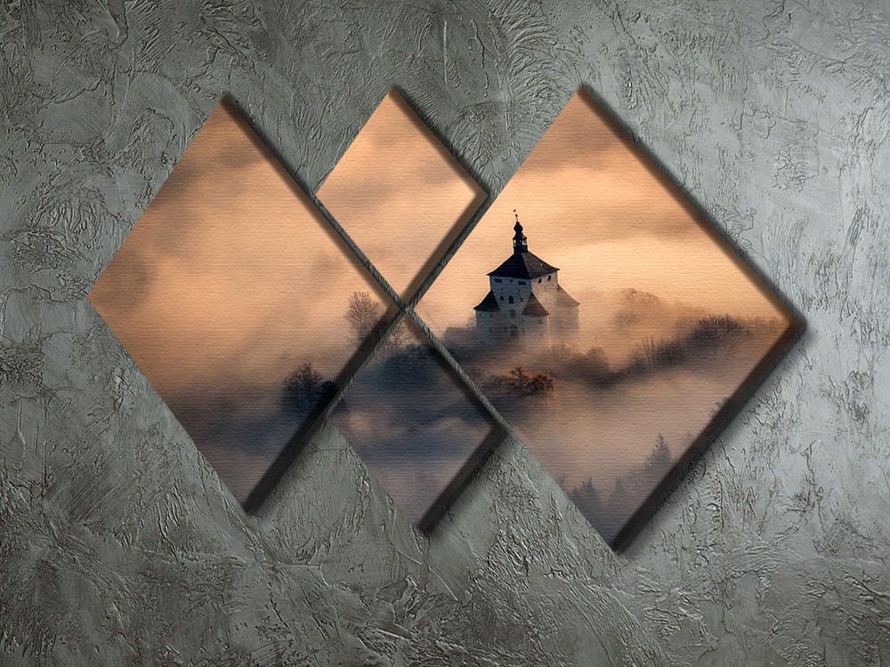 Castle In Fire 4 Square Multi Panel Canvas artwork featuring vibrant colors and a striking design divided into four equal panels.