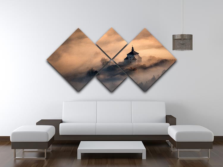 Castle In Fire 4 Square Multi Panel Canvas artwork featuring vibrant colors and a striking design divided into four equal panels.